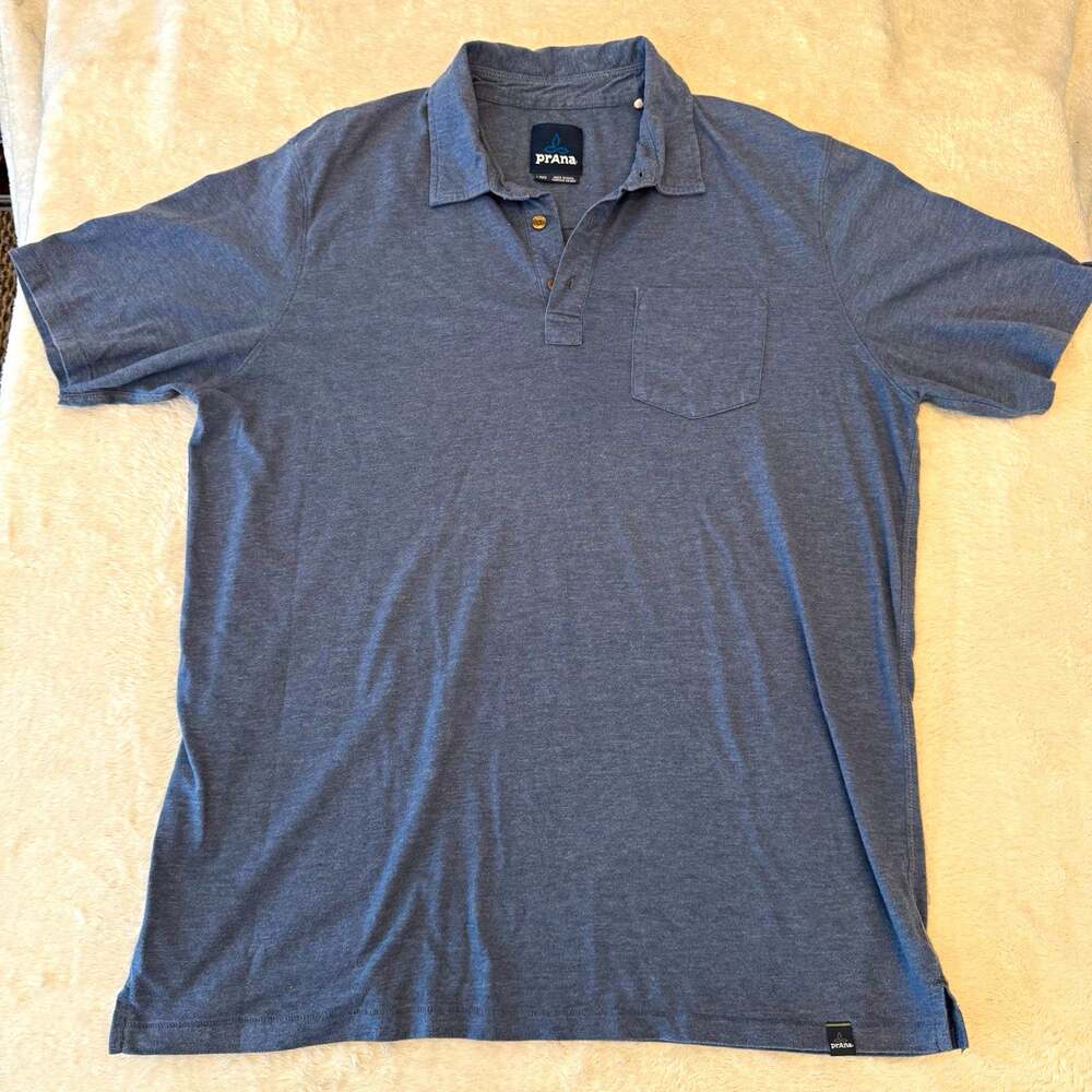prAna Polo Shirt Men L Blue Solid Short Sleeve Collared Button Logo Pocket